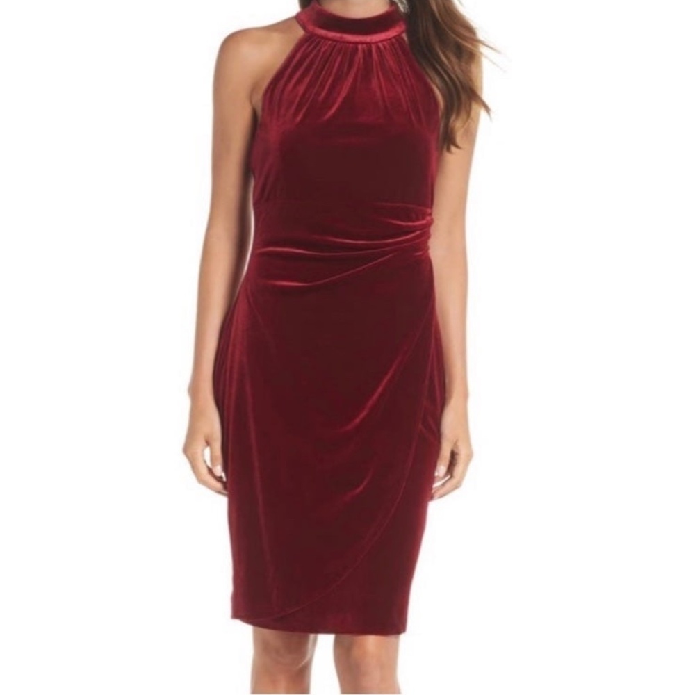 NWT Vince Camuto Red/Burgundy Velvet Draped Ruched Halter Neck Dress 8